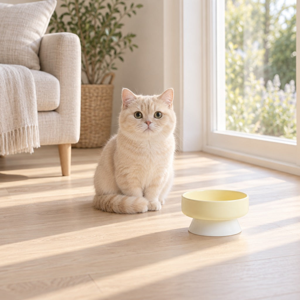 Un chat crème assis bien droit près du bol surélevé jaune pâle, modèle bol creux, devant une fenêtre lumineuse.