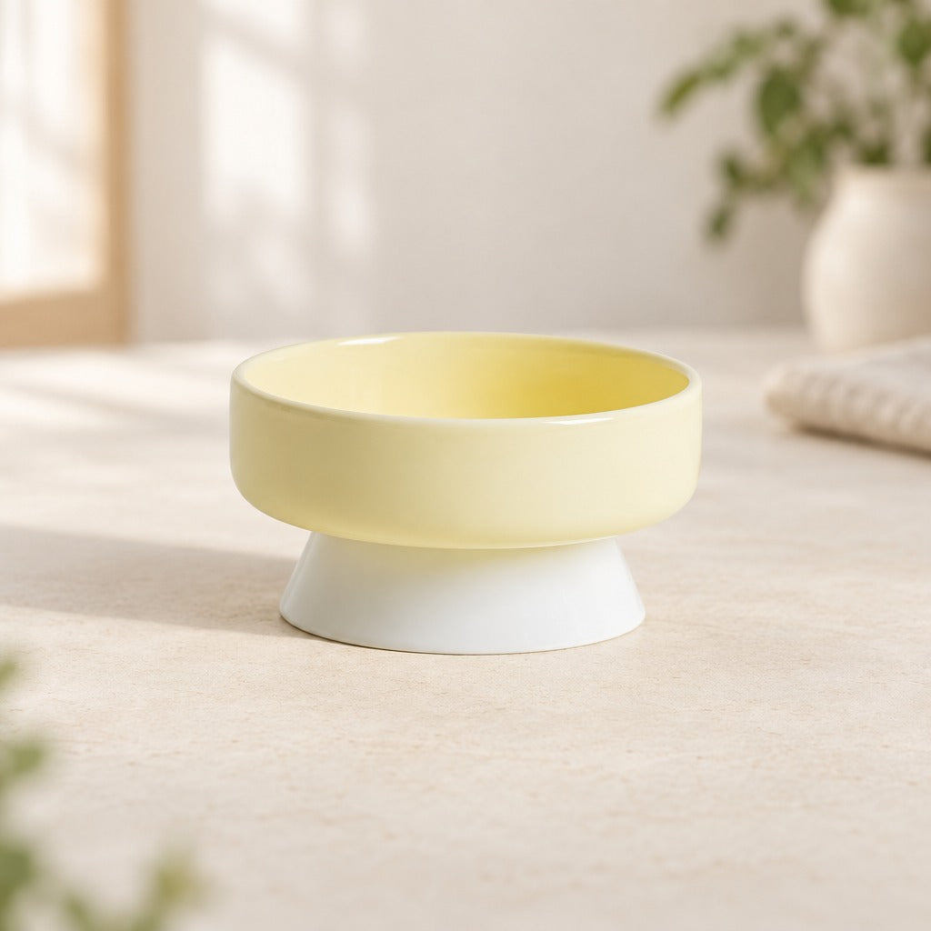 Le bol surélevé jaune pâle, modèle bol creux, seul sur un plan clair, vu de trois quarts.