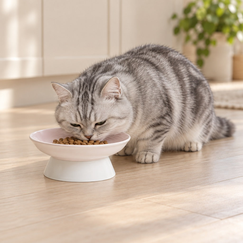 Un chat silver tabby mange dans la coupelle surélevée rose poudré, posée sur un parquet clair.