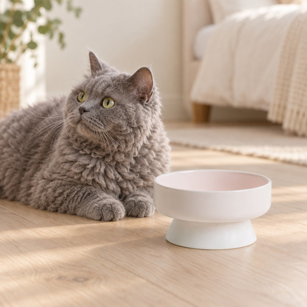 Un chat gris bleu au poil bouclé couché près du bol surélevé rose poudré, modèle bol creux, dans une chambre claire.