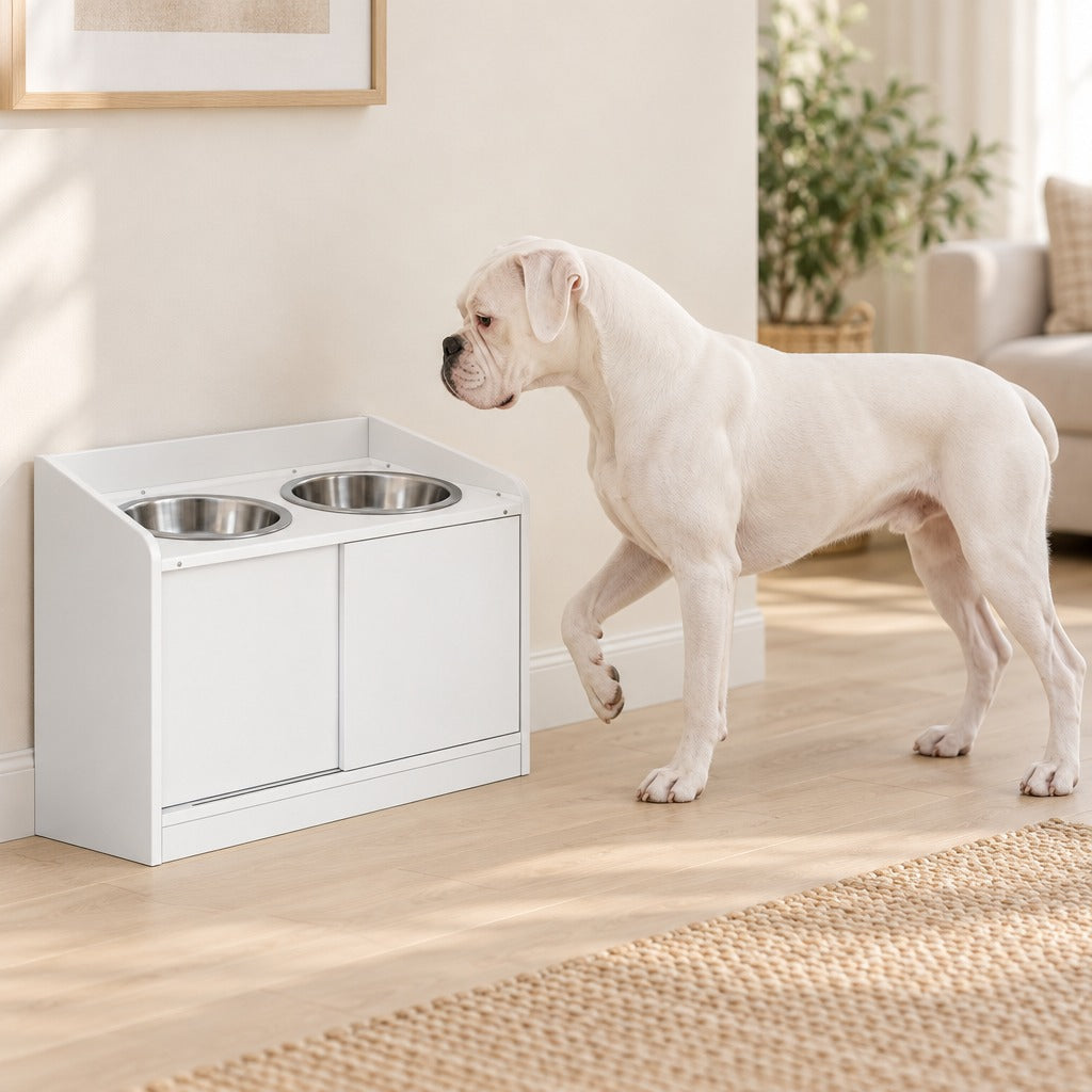 Un boxer blanc crème debout de profil, une patte avant levée, à côté du buffet de repas blanc mat posé contre le mur d'un salon clair.