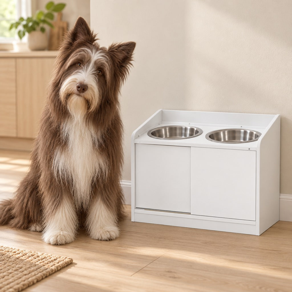 Un bearded collie chocolat assis, la tête inclinée, près du buffet de repas blanc mat installé dans un coin de cuisine clair.