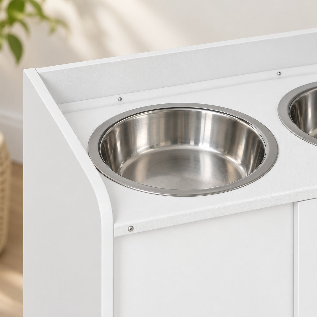 Gros plan sur le plateau blanc mat du buffet de repas, son rebord relevé et une gamelle inox encastrée à fleur du plateau.