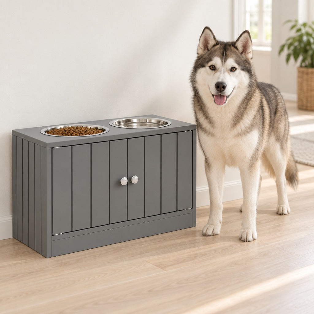 Un husky sibérien au poil sable se tient debout à côté du buffet à portes gris ardoise, dont le bol de gauche est rempli de croquettes, sur un parquet clair.