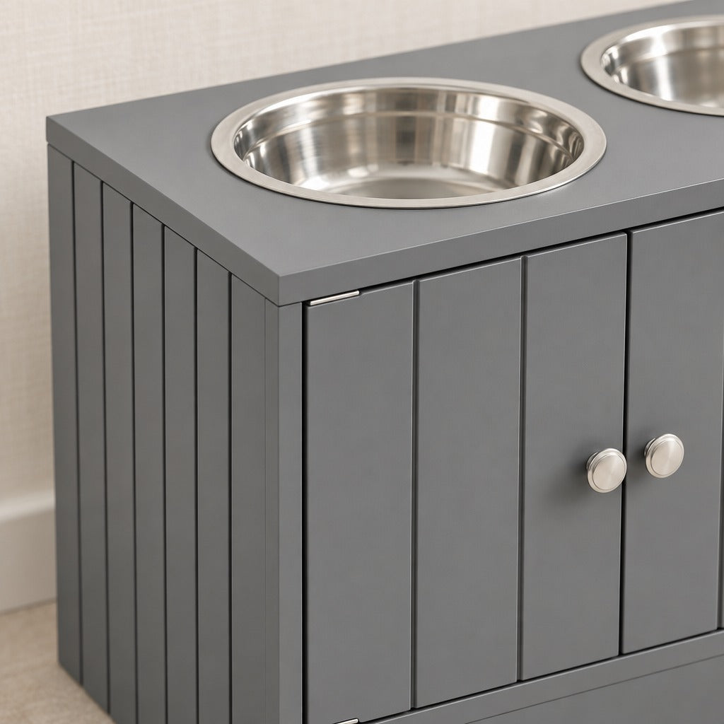 Gros plan en plongée sur le plateau lisse du buffet à portes gris ardoise, un bol en acier posé dans son ouverture et les rainures verticales de la façade.