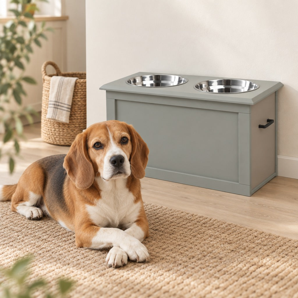 Un beagle couché sur le ventre, les pattes avant croisées, devant le buffet gris galet dans un coin de cuisine clair.