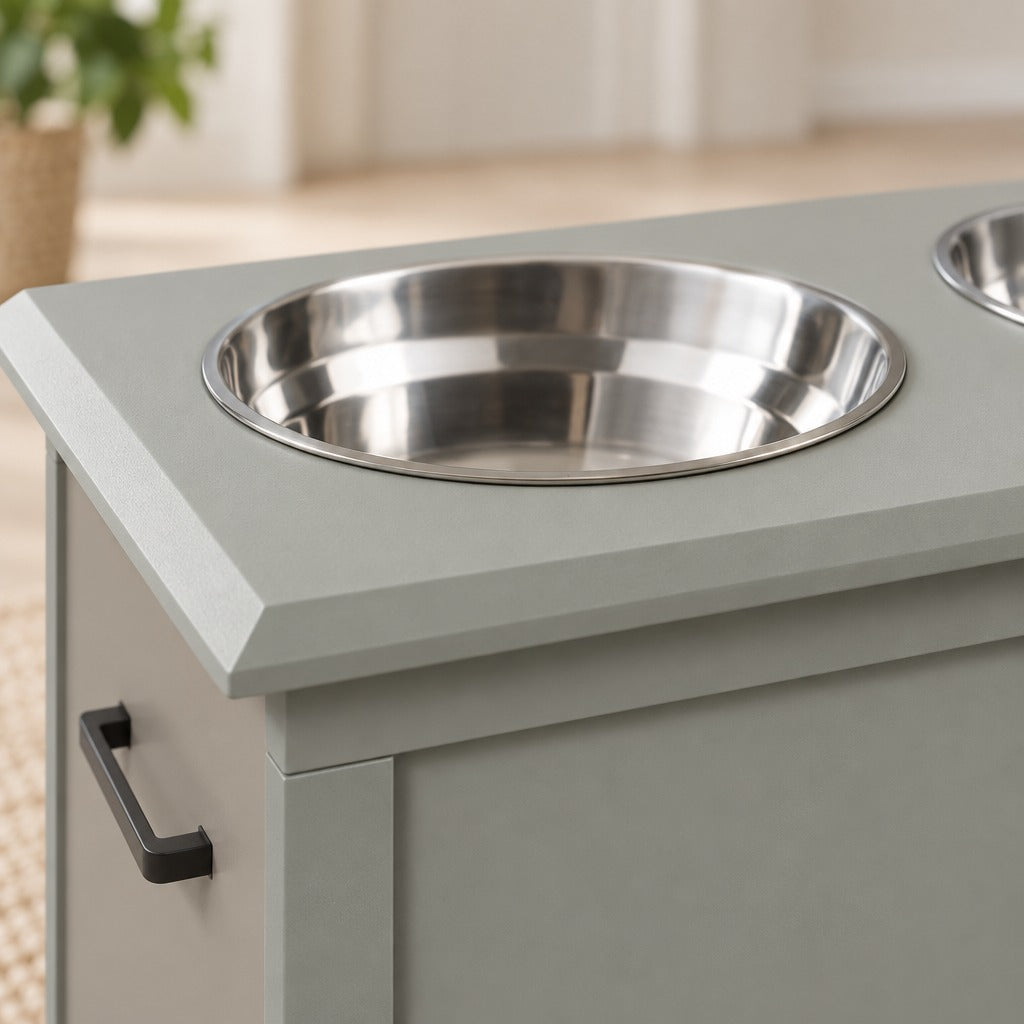 Gros plan sur le plateau biseauté gris galet du buffet et sur un bol inox posé dans sa découpe ronde.
