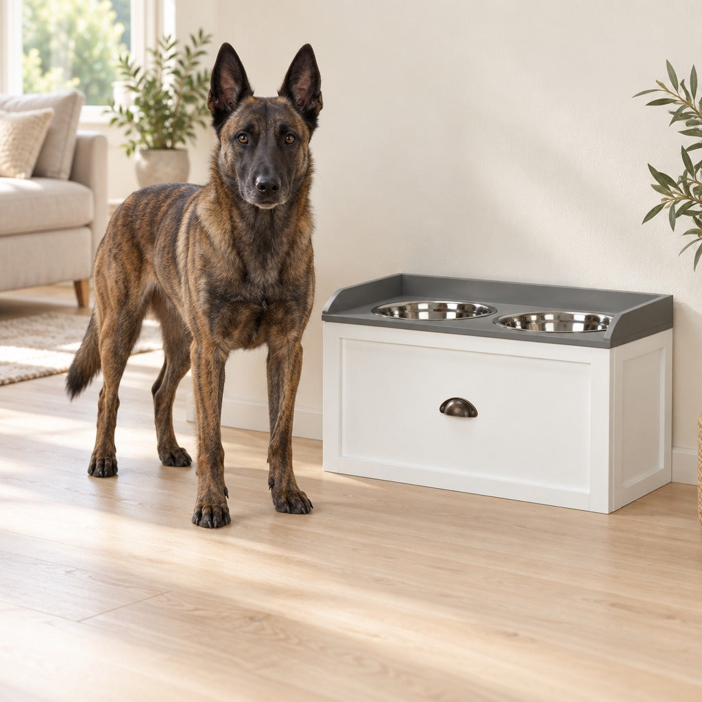 Un Malinois bringé debout sur le parquet d'un salon clair à côté du buffet à tiroir blanc et gris ardoise, les deux bols en acier inoxydable vides.