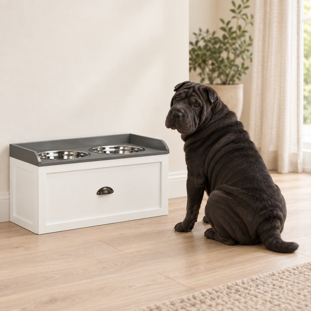 Un Shar Pei noir assis sur le parquet d'une pièce lumineuse, la tête tournée vers l'objectif, près du buffet à tiroir blanc et gris ardoise.