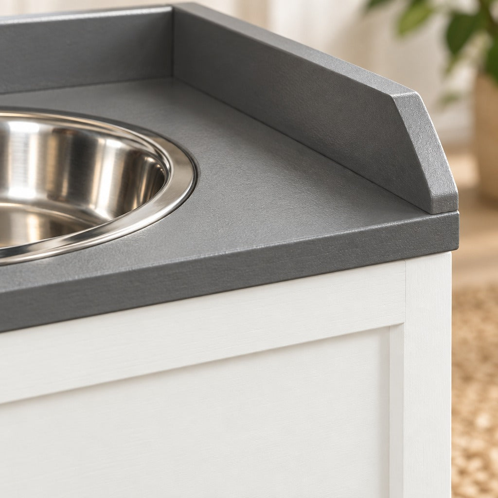 Gros plan sur l'angle du plateau gris ardoise, son rebord droit et le bord d'un bol en acier inoxydable encastré dans le buffet blanc et gris ardoise.