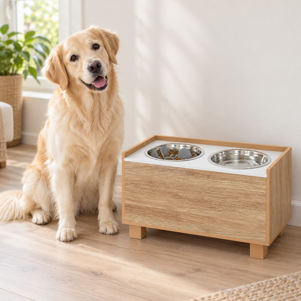 Un golden retriever blanc crème assis à côté du buffet de repas chêne clair, la gamelle de gauche garnie de croquettes sur son insert à reliefs.