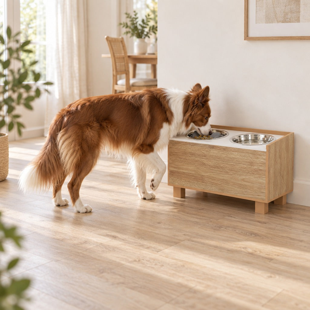 Un border collie roux et blanc mange dans le buffet de repas chêne clair installé contre le mur d'une pièce claire.