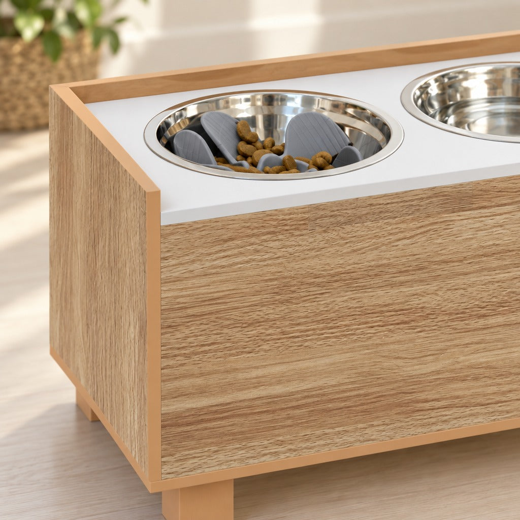 Gros plan sur le décor bois chêne clair du buffet de repas, le plateau blanc mat encastré et l'insert gris à reliefs au fond de la gamelle.