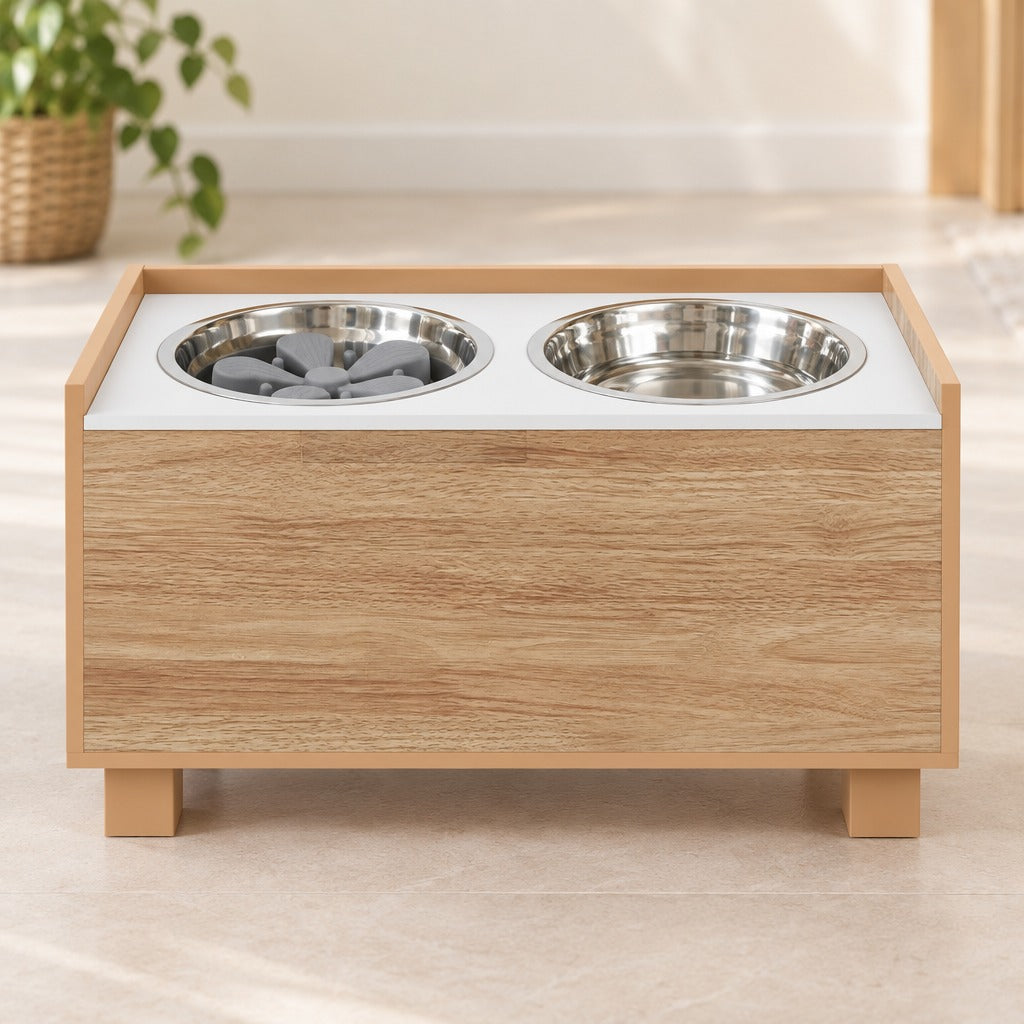 Le buffet de repas chêne clair seul sur un plan clair, vu de face, ses deux gamelles inox en place et l'insert à reliefs dans celle de gauche.