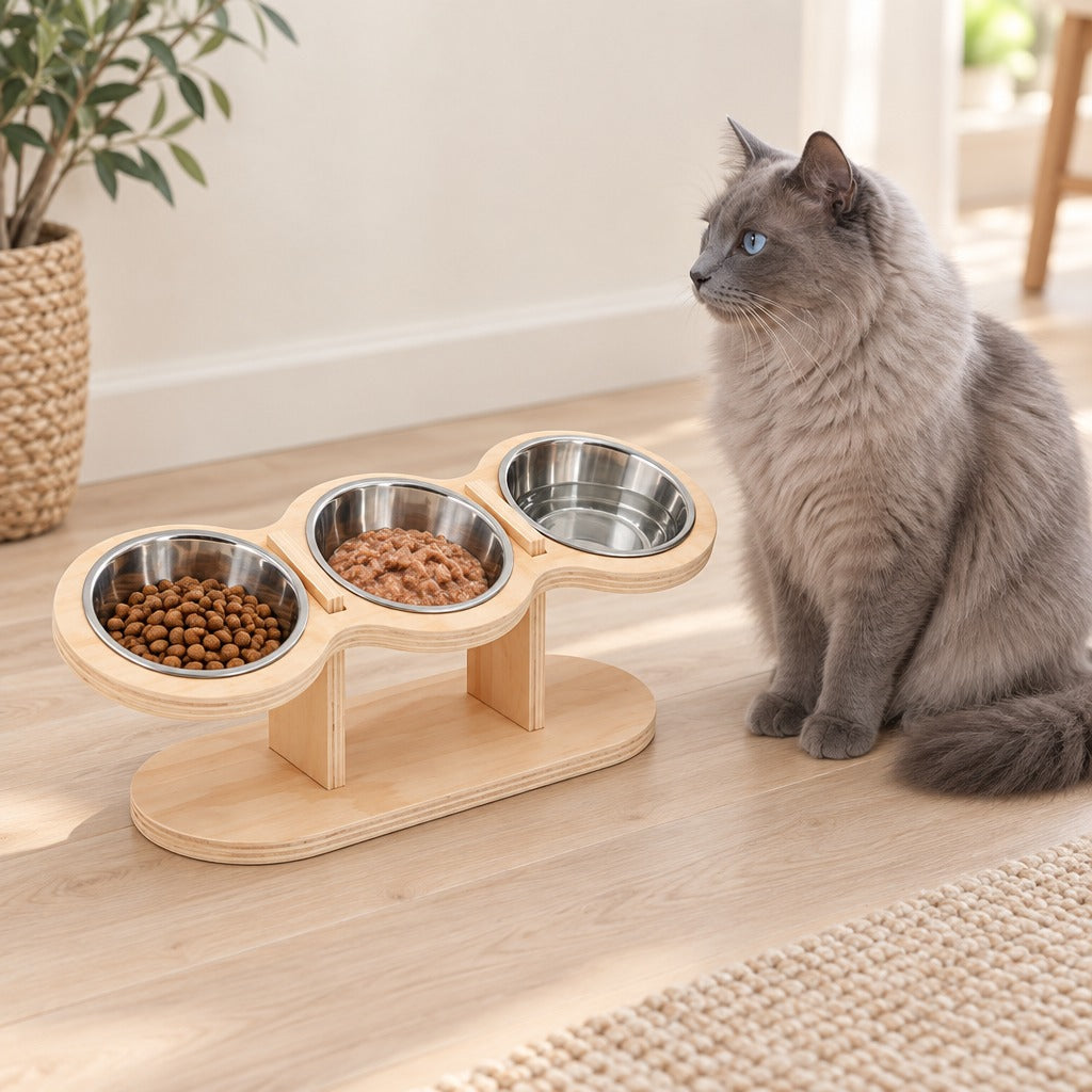Chat gris bleu assis à côté du buffet en bois clair coloris Bois naturel, ses trois gamelles en acier remplies