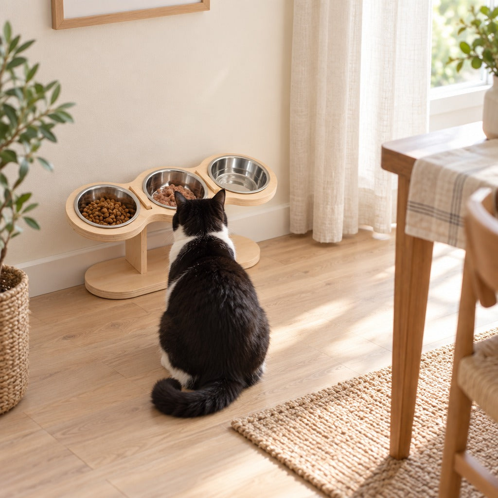 Chat noir et blanc assis de dos devant le buffet en bois clair coloris Bois naturel, dans un coin de cuisine lumineux