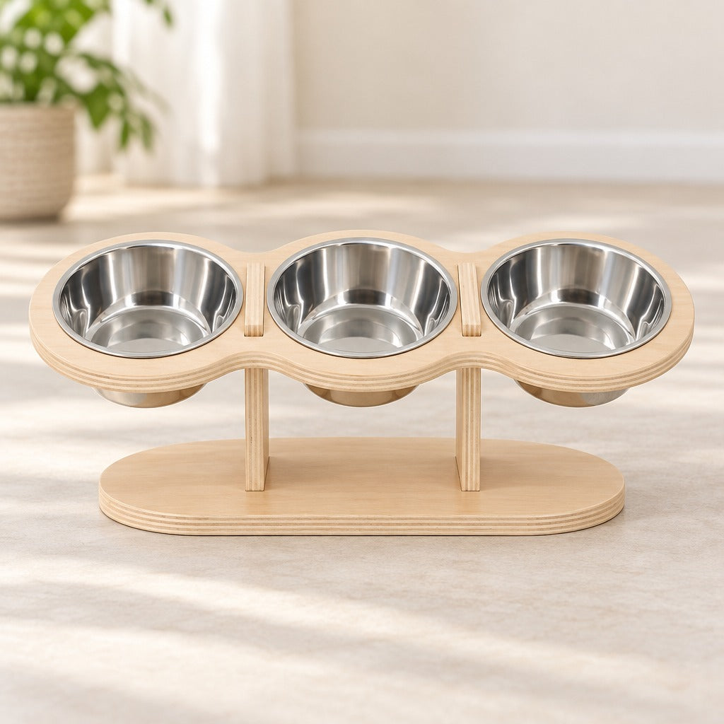 Le buffet en bois clair coloris Bois naturel vu de face, ses trois gamelles en acier vides et son socle ovale posé à plat