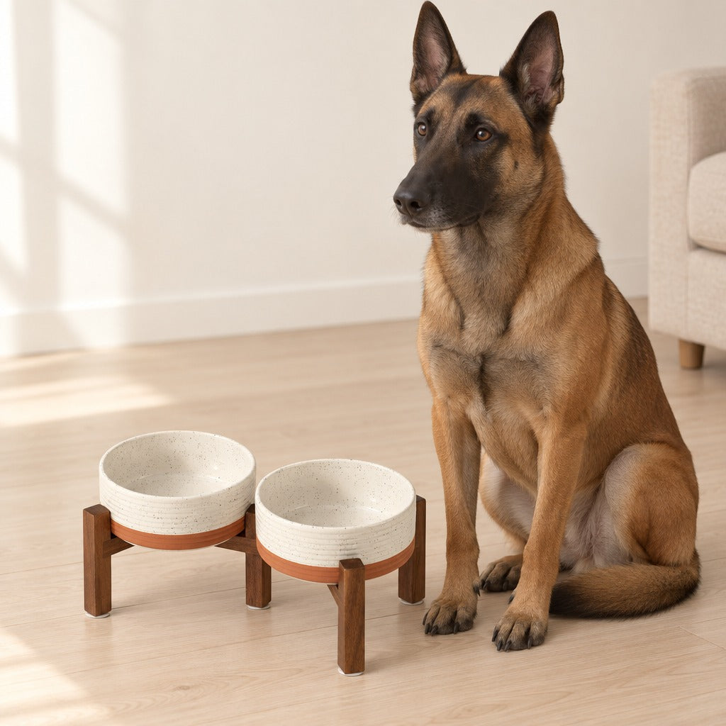 Buffet de repas en céramique crème mouchetée posé sur le parquet d'un salon, un chien malinois assis juste à côté.
