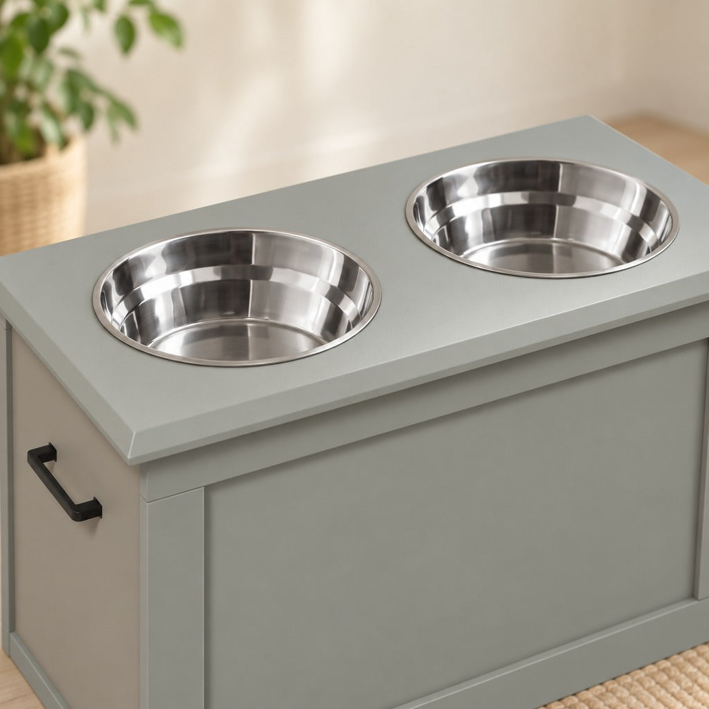 Gros plan sur le plateau gris mat du buffet de repas et sur ses deux bols en acier inoxydable encastrés à fleur.