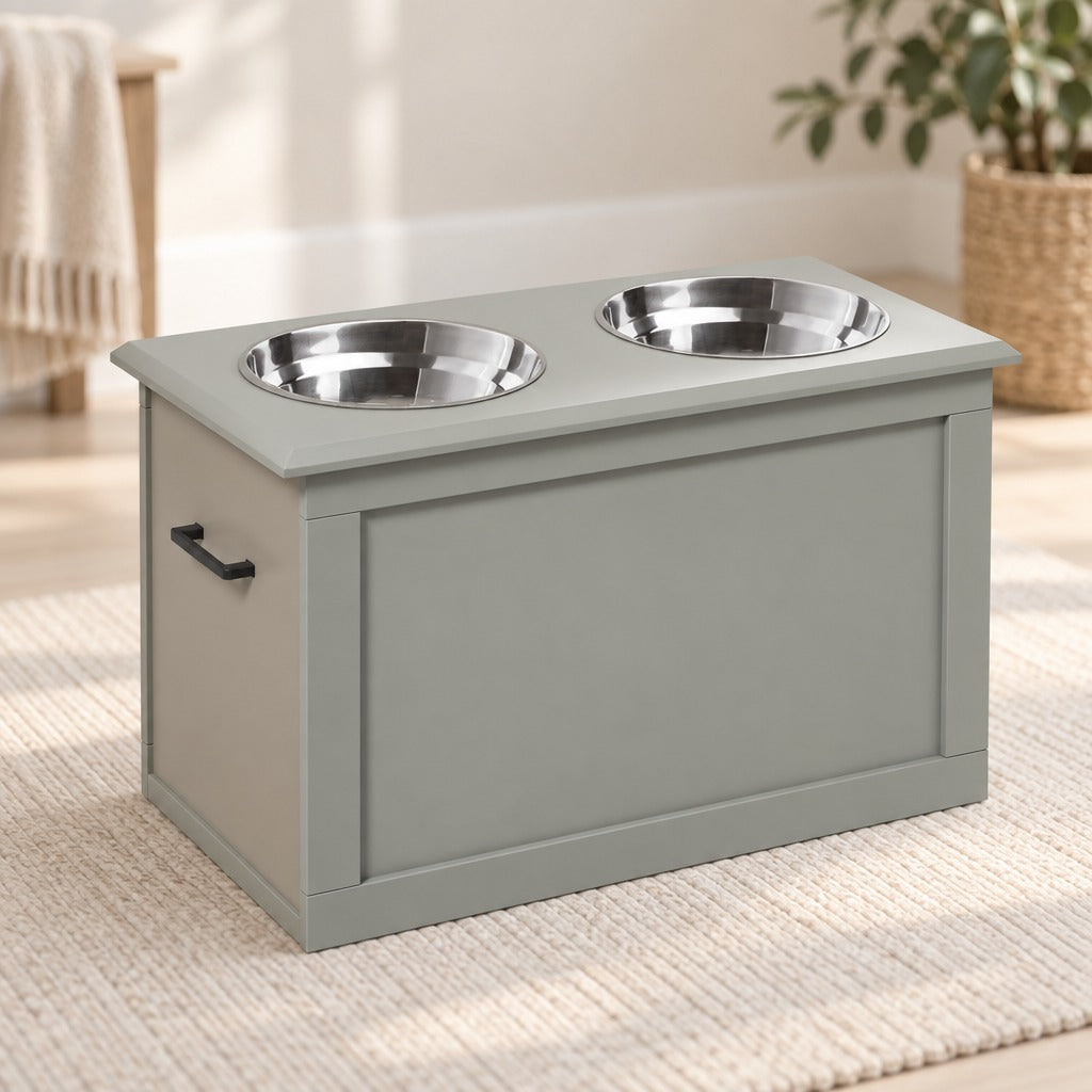Le buffet de repas gris seul sur un tapis clair, vu de trois quarts, ses deux bols en acier inoxydable en place.