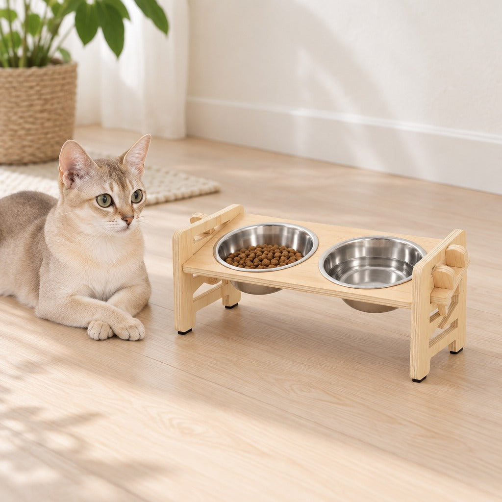Un chat crème couché sur le parquet à côté du buffet de repas en bois naturel, ses deux gamelles en inox posées dans le plateau.