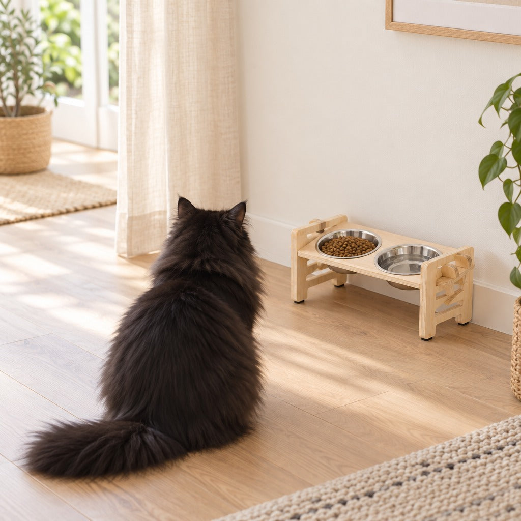 Un chat noir assis de dos dans un salon clair, face au buffet de repas en bois naturel posé le long du mur.