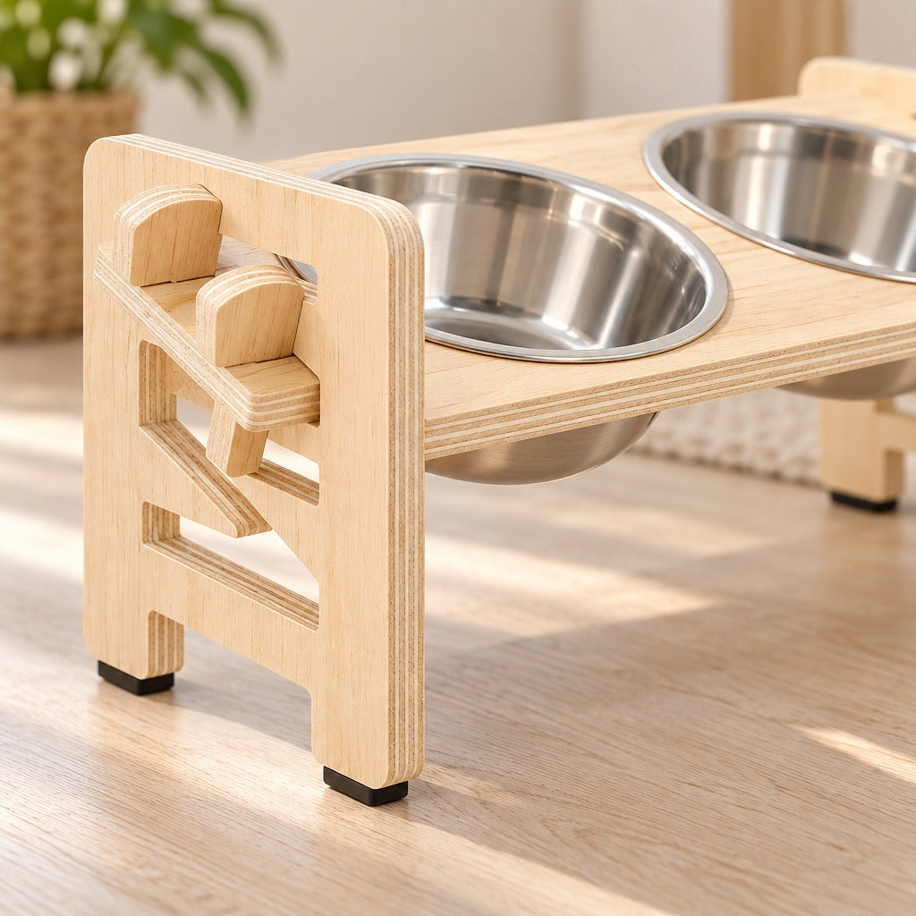 Gros plan sur le flanc ajouré et les tranches en plis du buffet de repas en bois naturel, à côté d'une gamelle en inox.