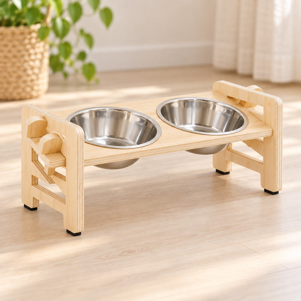 Le buffet de repas en bois naturel seul sur un parquet clair, vu de trois quarts, ses deux gamelles en inox vides.