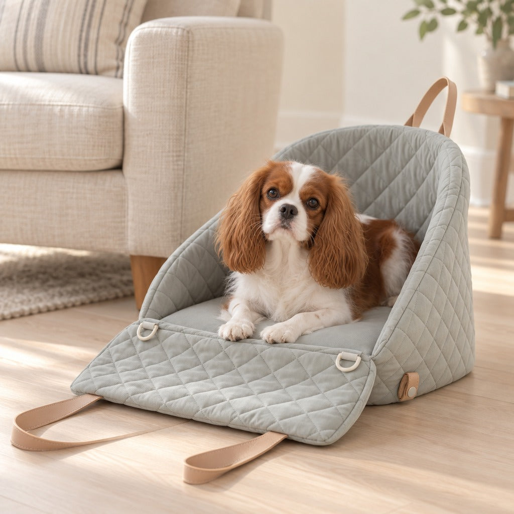 Un cavalier king charles blenheim couché en sphinx dans la cabine gris sauge pâle ouverte, posée sur le parquet clair d'un salon.