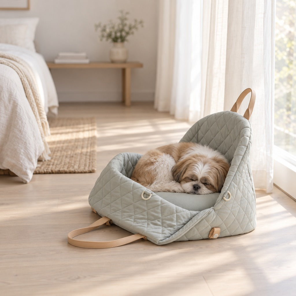 Un shih tzu doré et blanc dort roulé en boule dans la cabine gris sauge pâle ouverte, près de la fenêtre d'une chambre lumineuse.