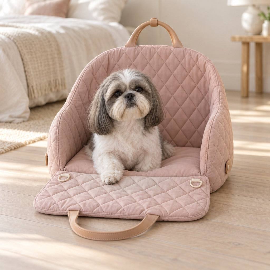 Un shih tzu gris argenté et blanc assis à l'entrée de la cabine rose poudre ouverte, dans une chambre lumineuse.