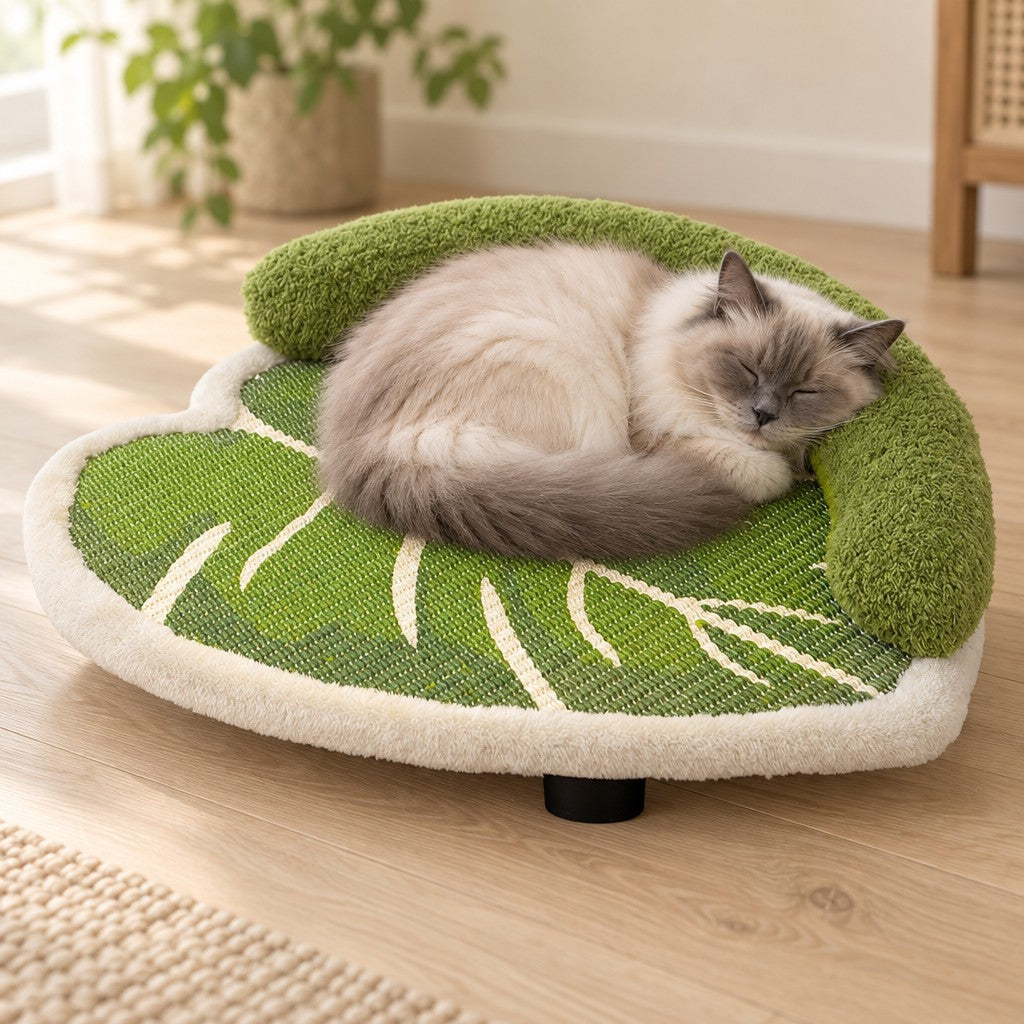 Un chat crème au masque brun à poil long dort roulé en boule sur le couchage en forme de feuille, dans un salon clair.