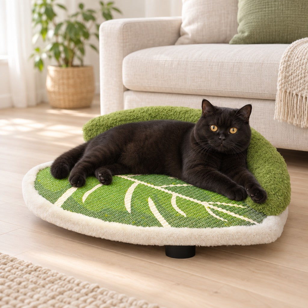 Un chat noir aux yeux orange étendu sur le couchage feuille posé au sol devant un canapé en lin, dans un séjour lumineux.