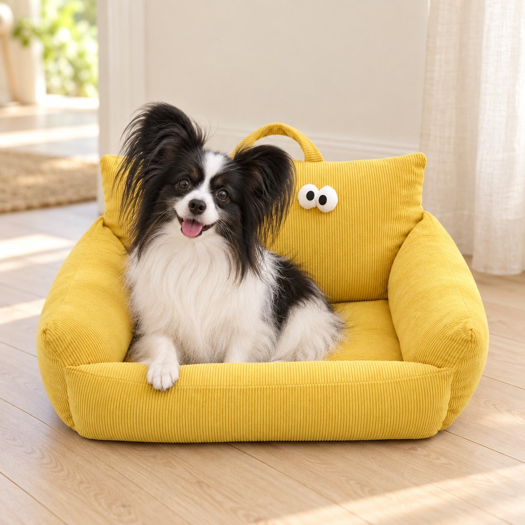 Epagneul papillon noir et blanc assis dans le couchage canape en velours cotele moutarde, une patte posee sur le rebord.