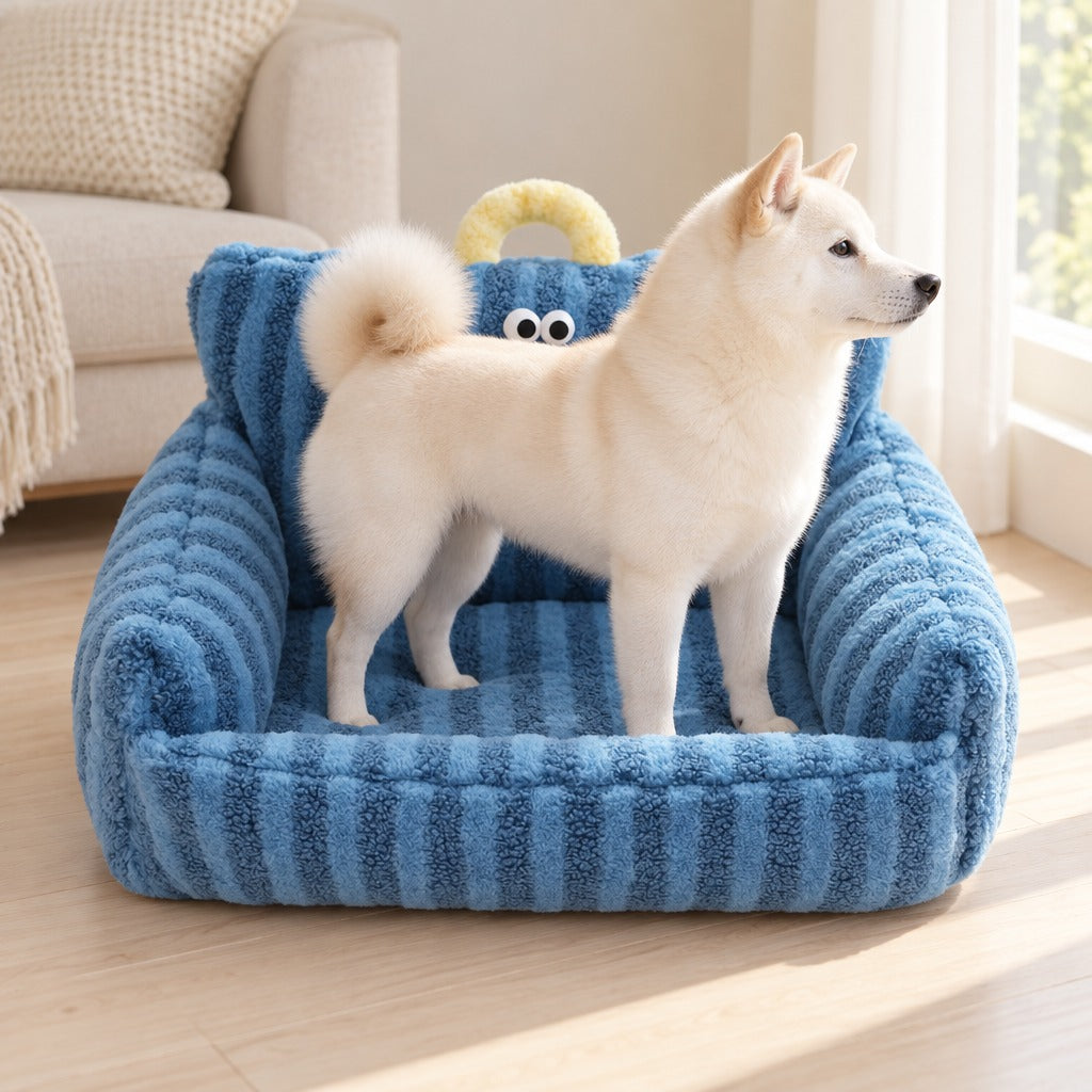 Shiba Inu creme debout dans le couchage canape en peluche rayee bleu jean, la tete tournee vers la fenetre.