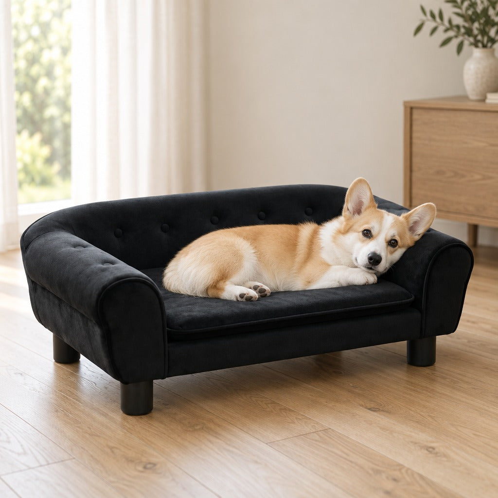 Corgi Pembroke crème et fauve couché sur le côté dans le canapé en velours noir, au pied d'une fenêtre de salon claire.
