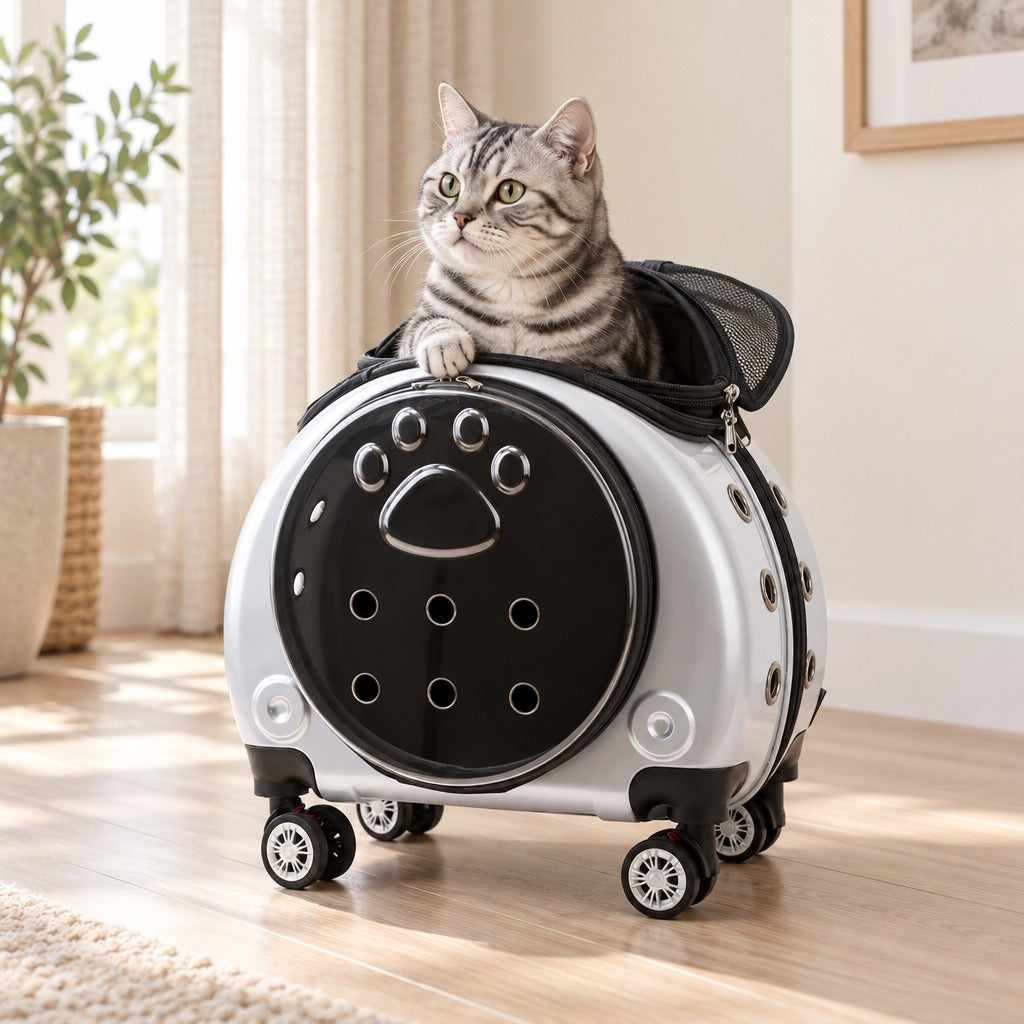 Chat American Shorthair tigré argenté assis dans le panneau haut ouvert de la capsule à roulettes argent, une patte posée sur le rebord.