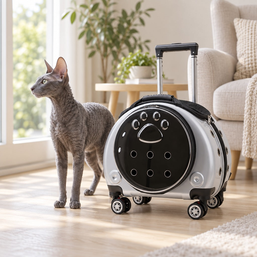 Capsule à roulettes argent pour chat, poignée télescopique sortie dans un salon clair, un chat Cornish Rex bleu debout à côté.