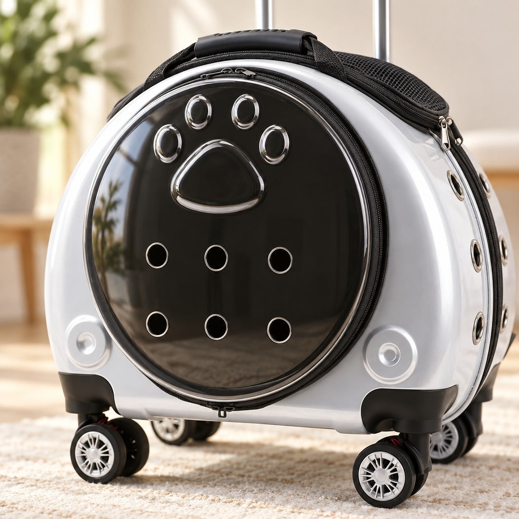 Gros plan sur la porte ronde de la capsule à roulettes argent pour chat, son motif de patte et ses trous d'aération.