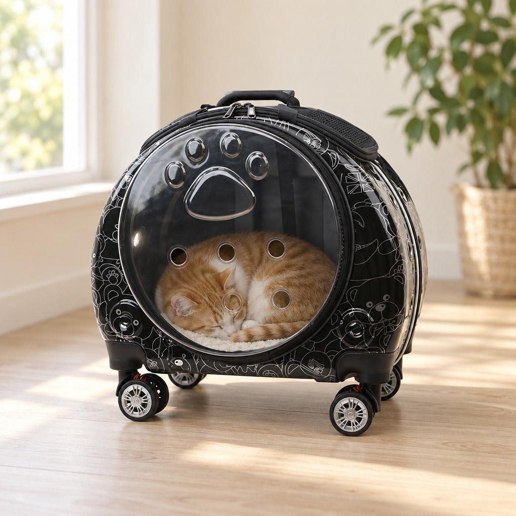Chat roux et blanc endormi en boule dans la capsule à roulettes noire, vu au travers de la porte ronde fumée.