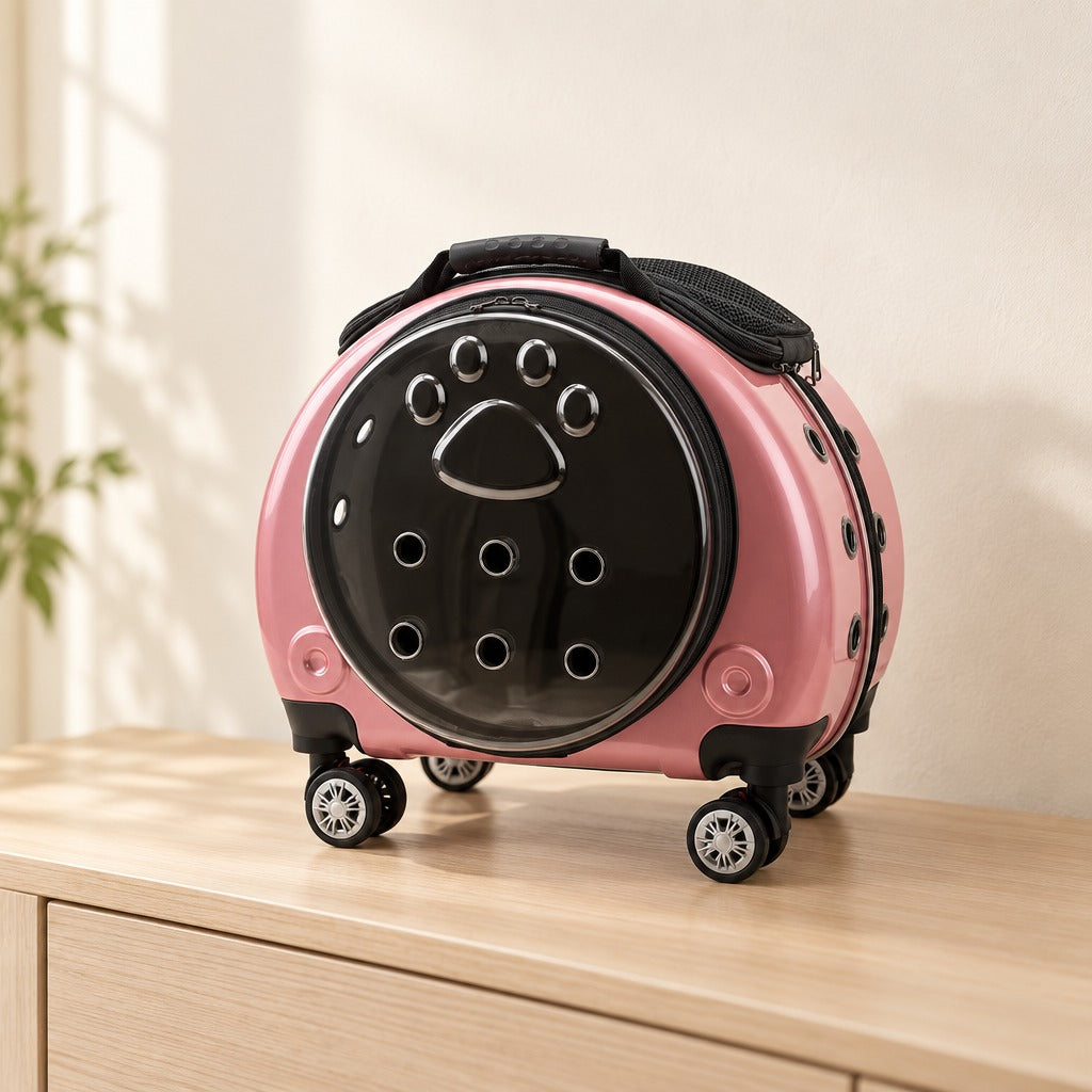 Capsule à roulettes rose poudré pour chat posée sur une console en bois clair, les deux ouvertures fermées.