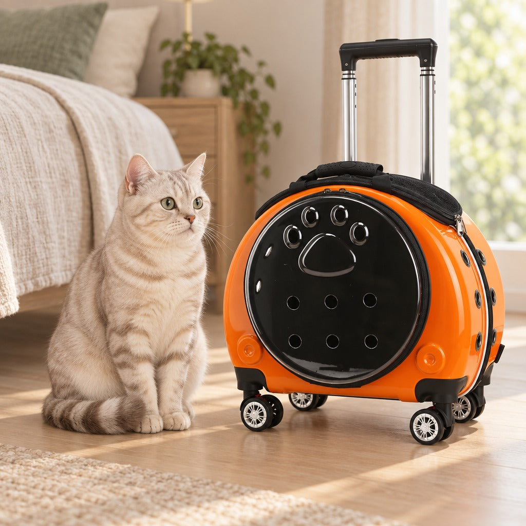Chat American Shorthair crème assis à côté de la capsule à roulettes orange, poignée télescopique sortie.