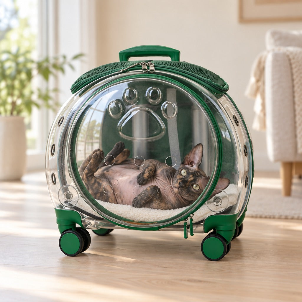 Chat Sphynx écaille de tortue couché sur le dos dans la capsule à roulettes vert transparent, visible au travers de la coque.