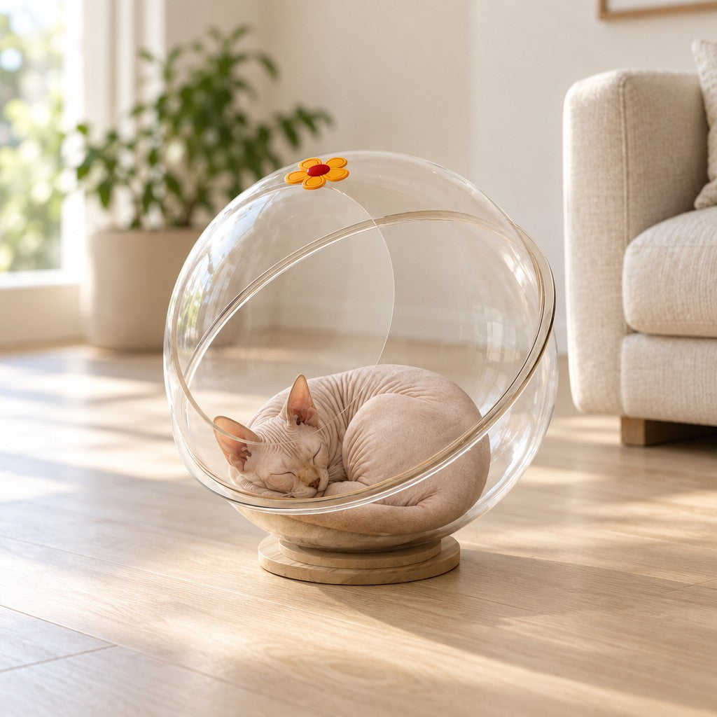 Un chat nu beige rosé dort roulé en boule au fond de la capsule transparente posée sur le parquet clair d'un salon.