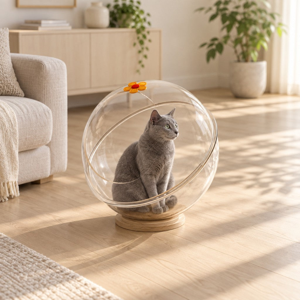La capsule transparente sur son socle en bois au milieu d'un salon clair, un chat gris bleu assis à l'intérieur, la tête tournée vers la fenêtre.