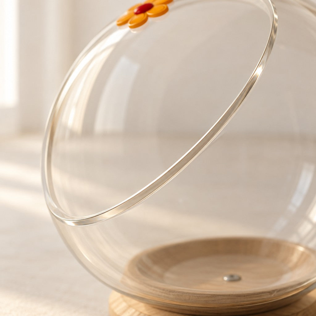 Gros plan sur le bord poli de l'ouverture inclinée de la coque transparente, avec la petite fleur orange collée et le socle en bois en dessous.