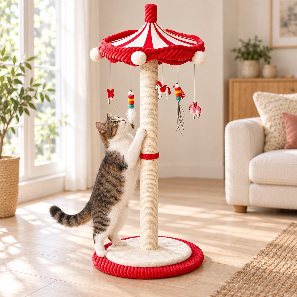 Le carrousel à chat dans un salon, un chat dressé sur le socle qui griffe le poteau de sisal