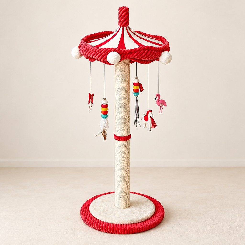 Le carrousel vu de face : socle rond, poteau de sisal, couronne rayée et cinq pendentifs