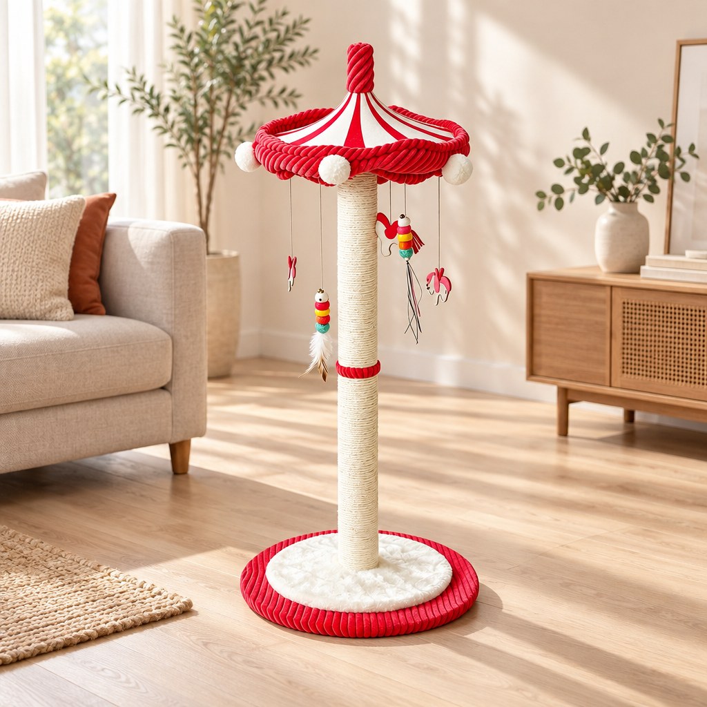 Le carrousel de 99 cm dans un salon clair, à côté d'un canapé en lin et d'une console