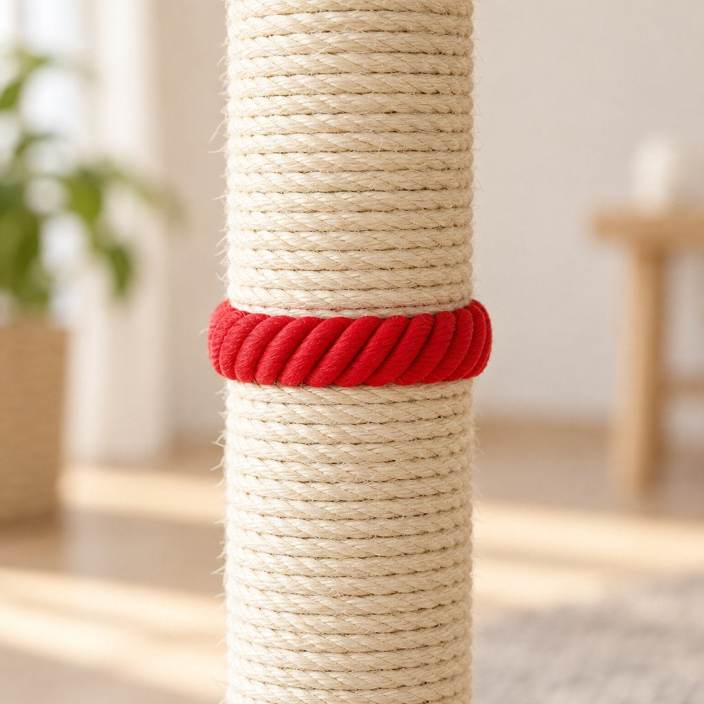 Gros plan sur le sisal du poteau et l'anneau de cordage rouge qui l'entoure
